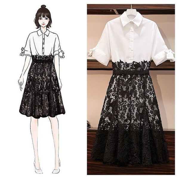 Set de dama modern din doua parti camasa + fusta lunga alb-negru