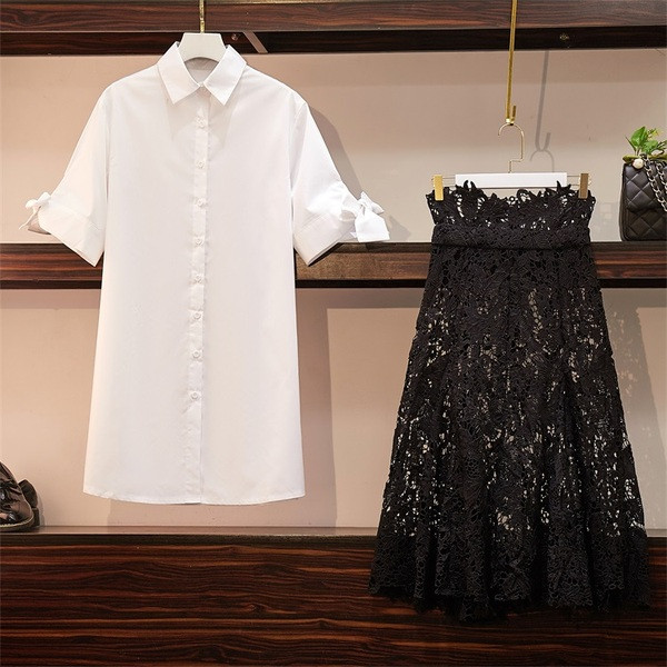 Set de dama modern din doua parti camasa + fusta lunga alb-negru