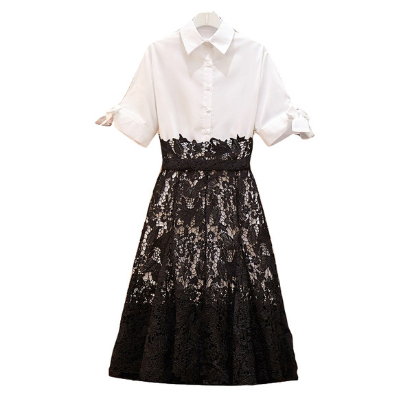 Set de dama modern din doua parti camasa + fusta lunga alb-negru