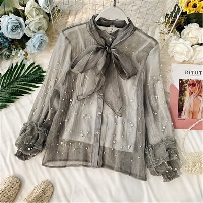 Cămașă elegantă de damă cu perle și panglică în trei culori