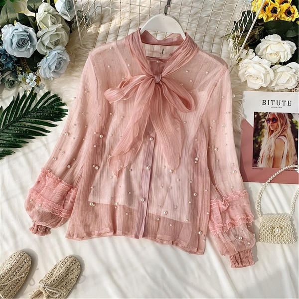 Cămașă elegantă de damă cu perle și panglică în trei culori