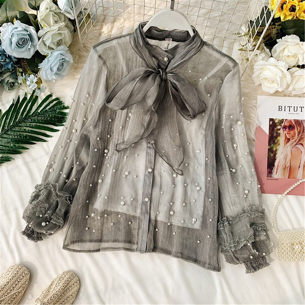 Cămașă elegantă de damă cu perle și panglică în trei culori