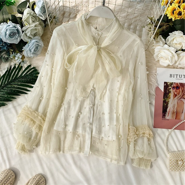 Cămașă elegantă de damă cu perle și panglică în trei culori