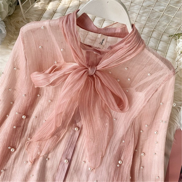 Cămașă elegantă de damă cu perle și panglică în trei culori