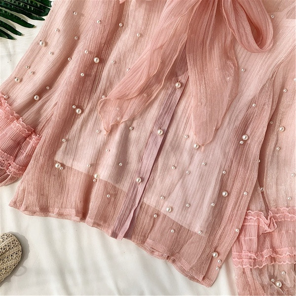 Cămașă elegantă de damă cu perle și panglică în trei culori