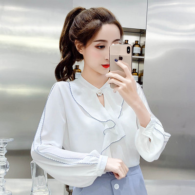 Cămașă elegantă de damă, cu mâneci lungi, în albastru și alb