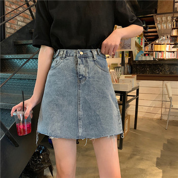 Fusta dama casual din denim cu talie inalta - model drept