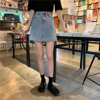 Fusta dama casual din denim cu talie inalta - model drept