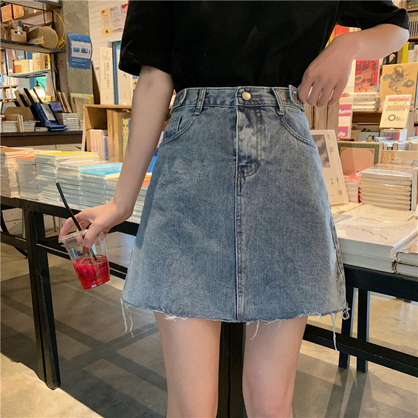 Fusta dama casual din denim cu talie inalta - model drept