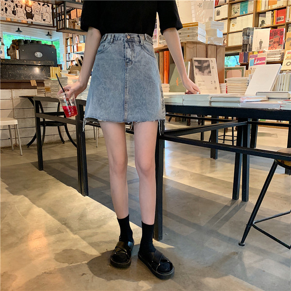 Fusta dama casual din denim cu talie inalta - model drept