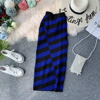 Fusta de dama lunga cu dungi cu talie inalta