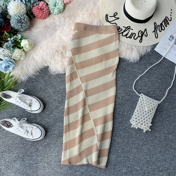 Fusta de dama lunga cu dungi cu talie inalta