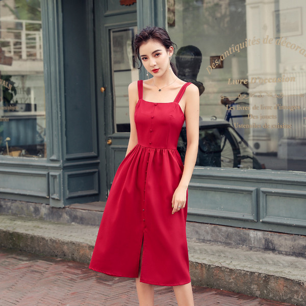 Rochie eleganta de dama de culoare rosu negru cu nasturi si fanta