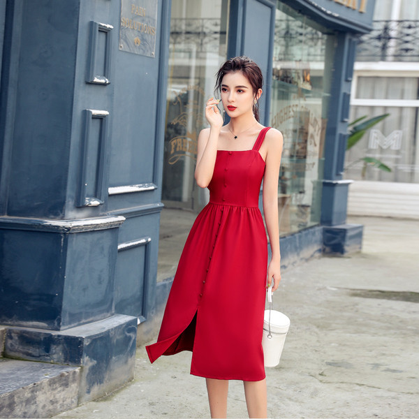 Rochie eleganta de dama de culoare rosu negru cu nasturi si fanta