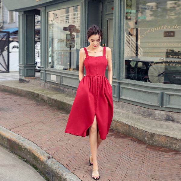 Rochie eleganta de dama de culoare rosu negru cu nasturi si fanta