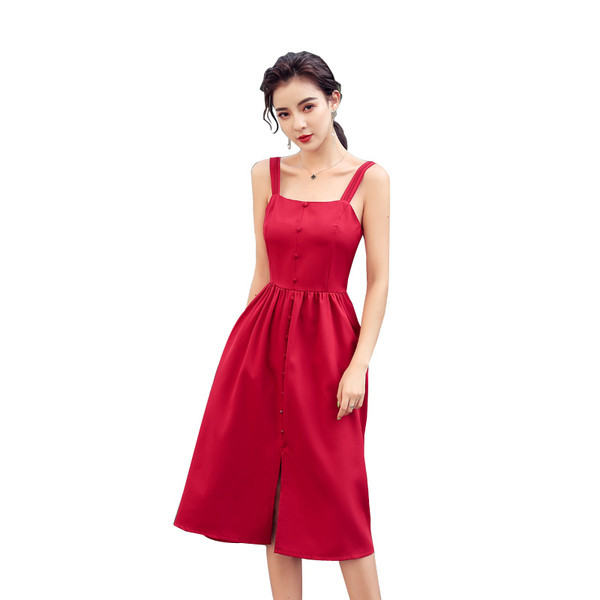 Rochie eleganta de dama de culoare rosu negru cu nasturi si fanta