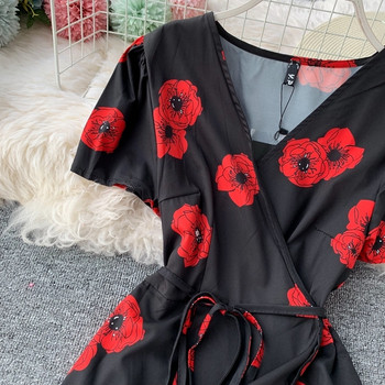 Rochie de dama cu model floral cu maneci scurte in doua culori