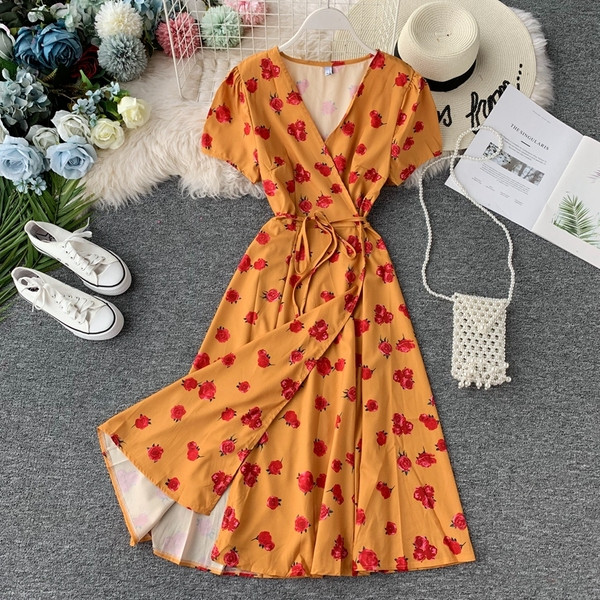 Rochie de dama cu model floral cu maneci scurte in doua culori