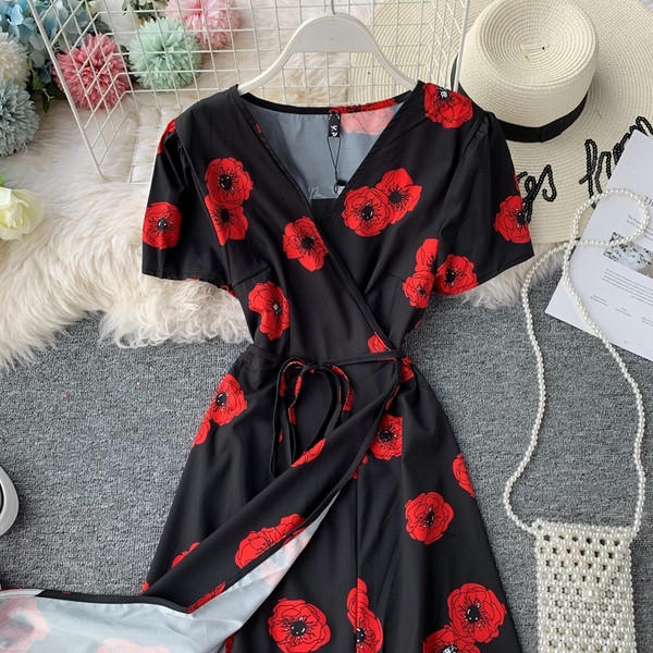 Rochie de dama cu model floral cu maneci scurte in doua culori