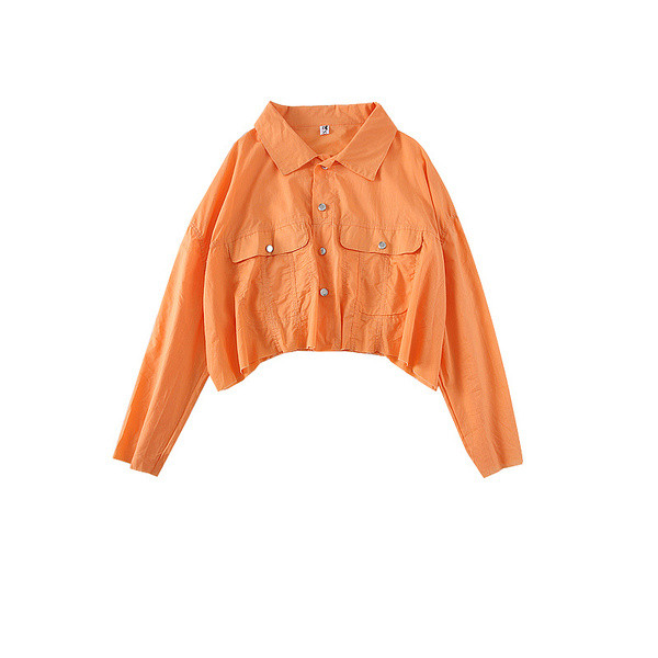 Cămașă casual de damă cu buzunare și nasturi în alb și portocaliu