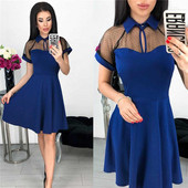 Model modern de rochie de dama cu maneci scurte in albastru si negru