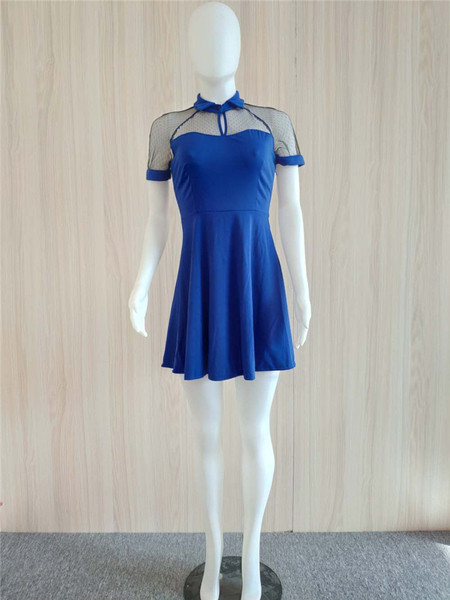 Model modern de rochie de dama cu maneci scurte in albastru si negru