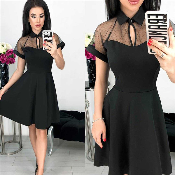 Model modern de rochie de dama cu maneci scurte in albastru si negru