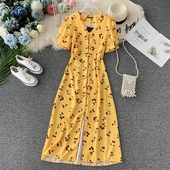 Rochie de dama lunga cu nasturi si maneci scurte in alb si galben