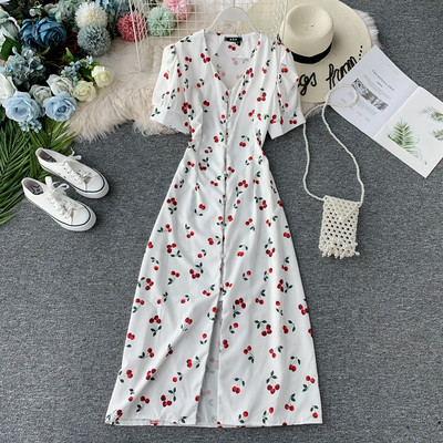 Rochie de dama lunga cu nasturi si maneci scurte in alb si galben