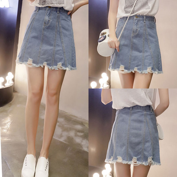 Fusta de dama actuala din denim in doua culori cu motive rupte