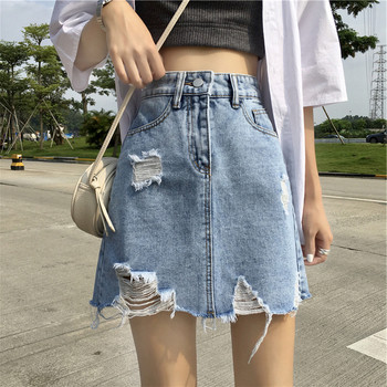 Fusta de dama de denim actuala cu talie inalta si motive rupte