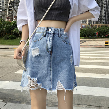 Fusta de dama de denim actuala cu talie inalta si motive rupte