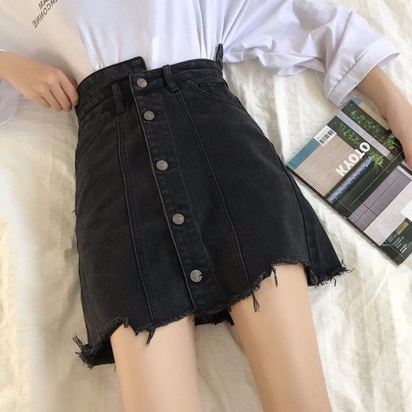 Модерна дамска дънкова пола в черен цвят с висока талия