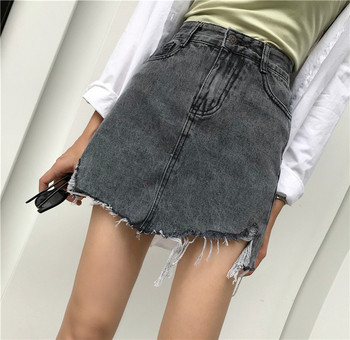 Fusta de dama moderna din denim gri cu talie inalta