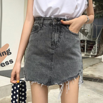 Fusta de dama moderna din denim gri cu talie inalta