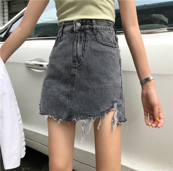 Fusta de dama moderna din denim gri cu talie inalta