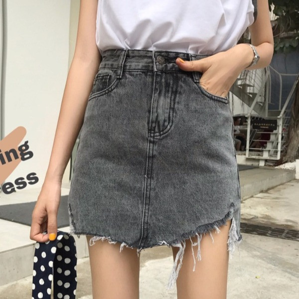 Fusta de dama moderna din denim gri cu talie inalta