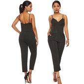 Salopetă elegantă de damă, cu bretele subțiri, de culoare neagră