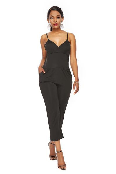 Salopetă elegantă de damă, cu bretele subțiri, de culoare neagră