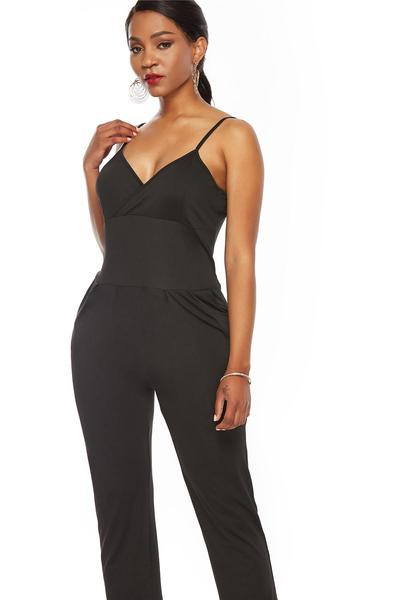 Salopetă elegantă de damă, cu bretele subțiri, de culoare neagră