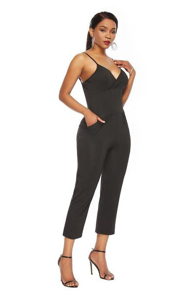 Salopetă elegantă de damă, cu bretele subțiri, de culoare neagră