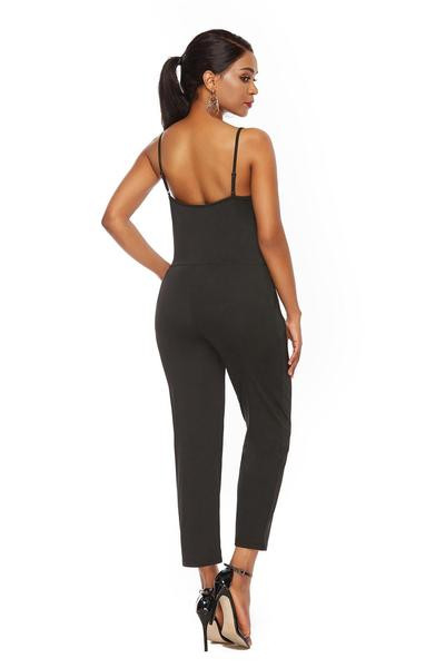 Salopetă elegantă de damă, cu bretele subțiri, de culoare neagră