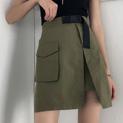 Актуална дамска пола с висока талия в зелен и черен цвят