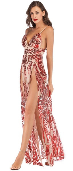 Rochie elegantă de damă cu bretele subțiri și decolteu adânc în culoarea roșie