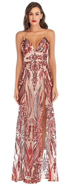 Rochie elegantă de damă cu bretele subțiri și decolteu adânc în culoarea roșie