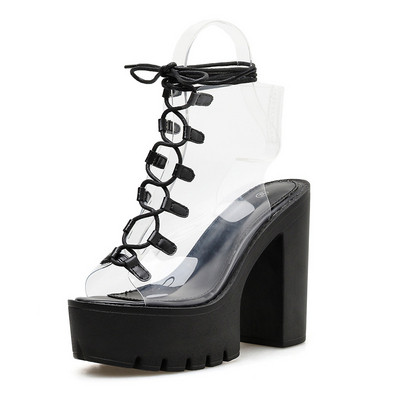 Sandale de dama moderne cu toc gros si siret in negru