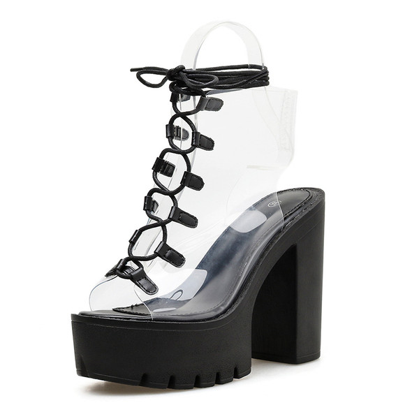 Sandale de dama moderne cu toc gros si siret in negru