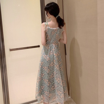 Rochie de dama de actualitate lunga cu model floral si bretele subtiri