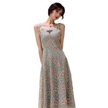 Rochie de dama de actualitate lunga cu model floral si bretele subtiri