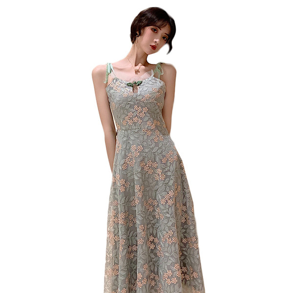 Rochie de dama de actualitate lunga cu model floral si bretele subtiri